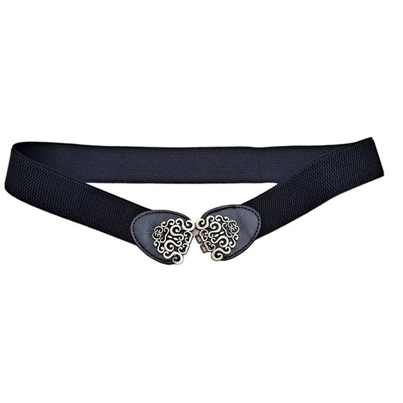 Black gold floral buckle faux leather corset boho stretch waist statement belt - Picture 11 of 12